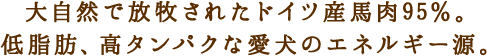 大自然で放牧されたドイツ産馬肉95％。低脂肪、高タンパクな愛犬のエネルギー源。
