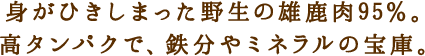 身がひきしまった野生の雄鹿肉95％。高タンパクで、鉄分やミネラルの宝庫。