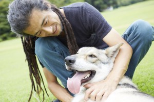 芝生の上で男性に撫でられているサーロスウルフハウンド