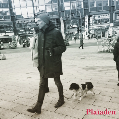 街角を散歩する犬と飼い主