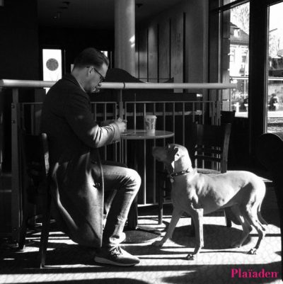 カフェで休憩する男性と男性を見つめる犬