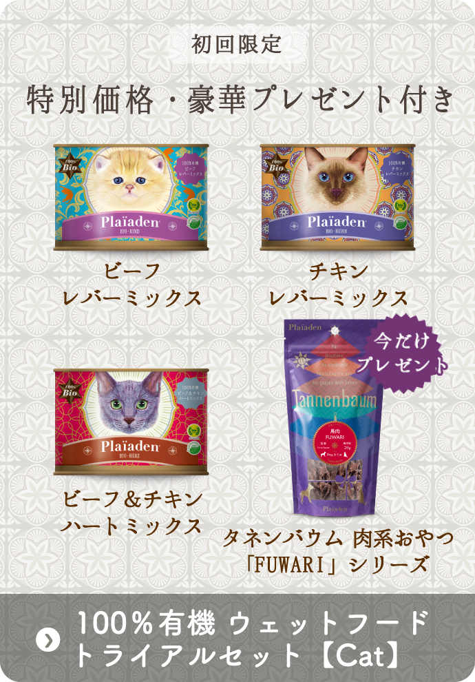初回限定 特別価格・豪華プレゼント付き「Cat　100％有機ウェットフードトライアルセット」
