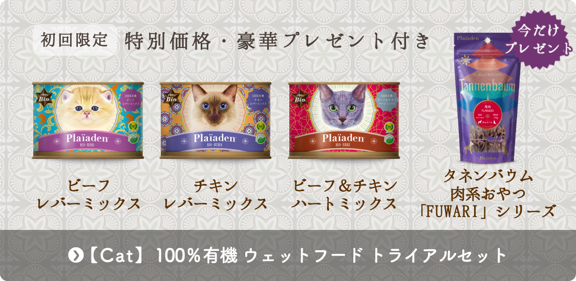 初回限定 特別価格・豪華プレゼント付き「Cat　100％有機ウェットフードトライアルセット」