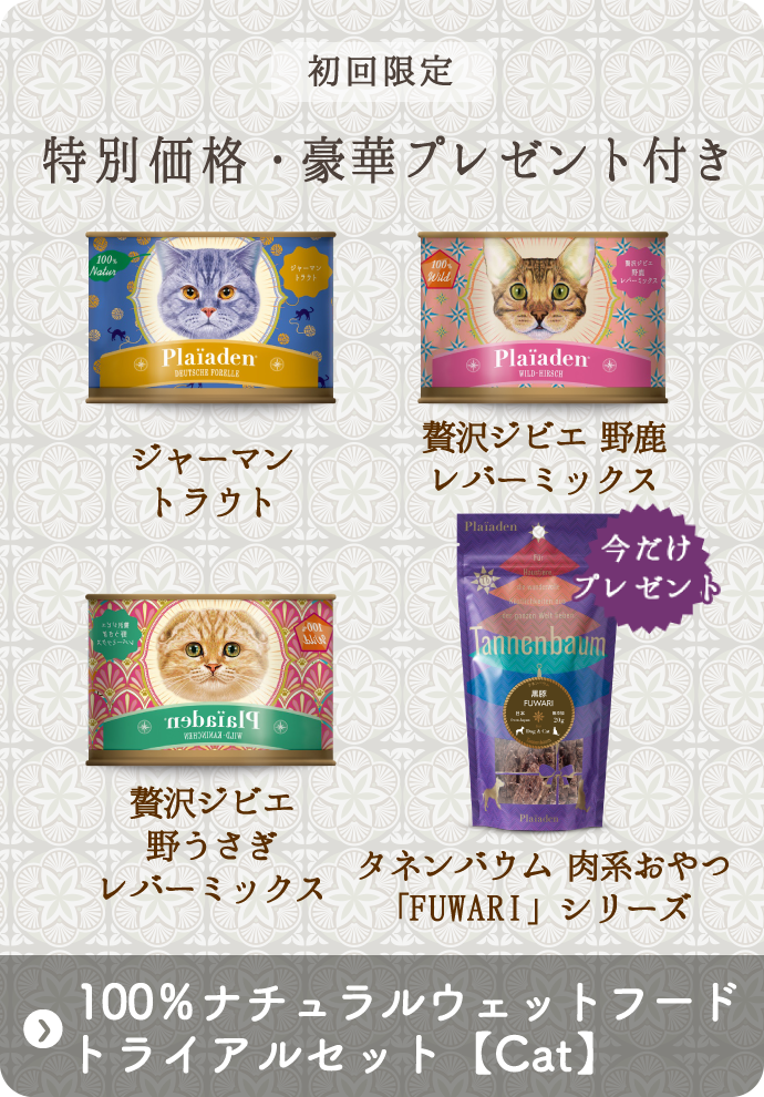 初回限定 特別価格・豪華プレゼント付き「Cat　100％ナチュラルウェットフードトライアルセット」