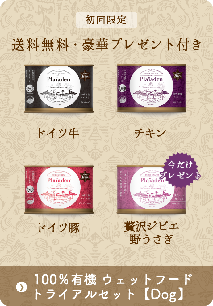 初回限定 送料無料・豪華プレゼント付き「Dog　100％有機ウェットフードトライアルセット」